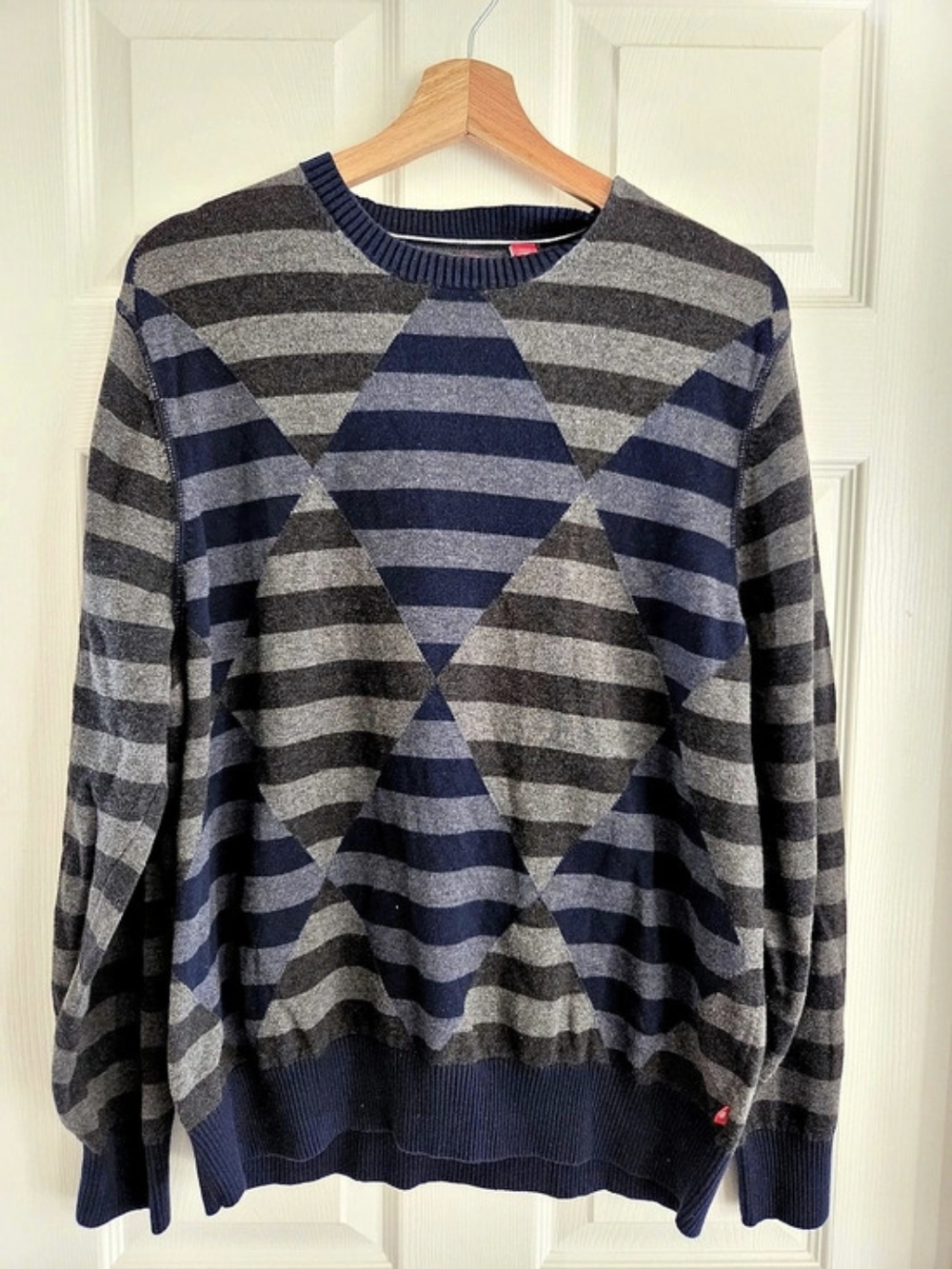 IZOD Striped Cotton Crewneck Sweater Gray Blue Large
